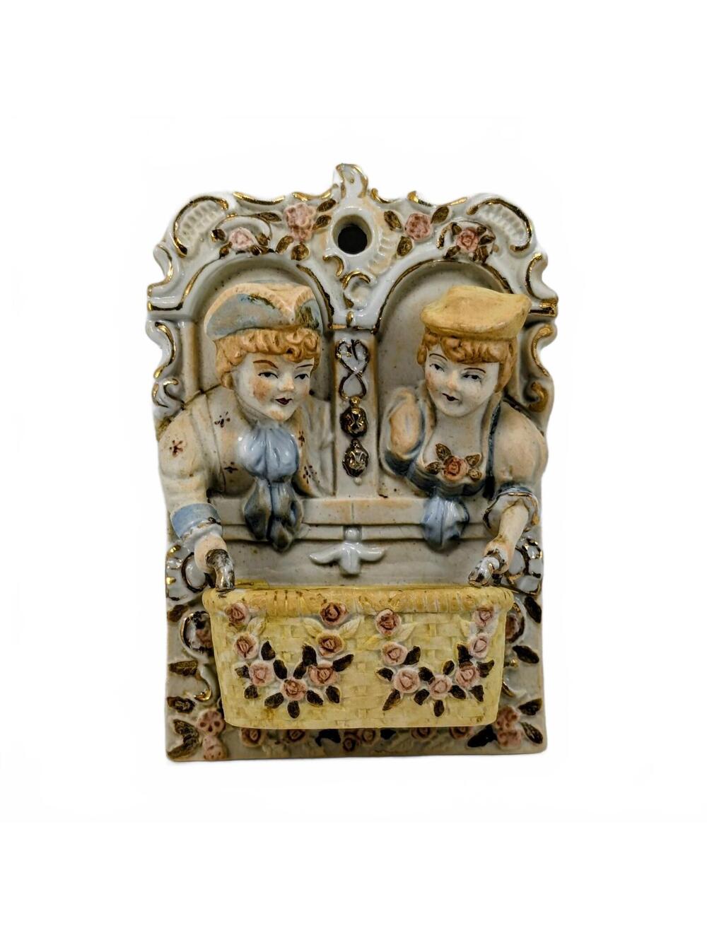 Occupied Japan Chase Victorian Boy & Girl Bisque Porcelain Wall Pocket